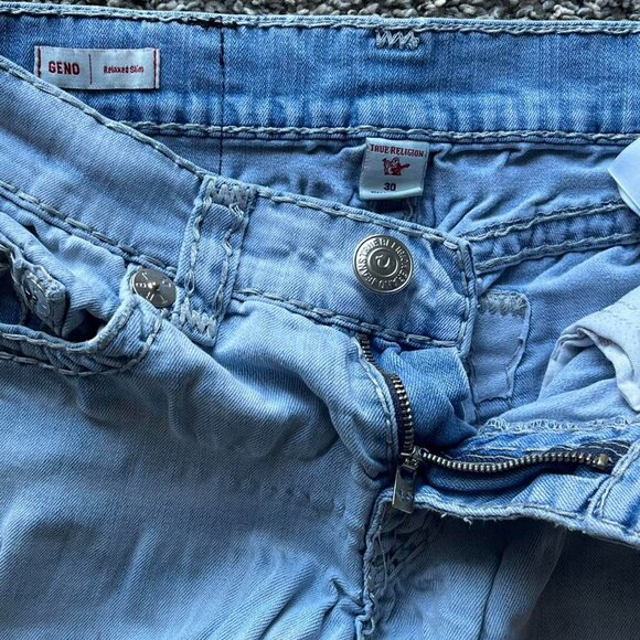 True Religion Light Blue Distressed Denim Jeans Mens 30 Midrise Relaxed Slim Fit - Picture 2 of 8